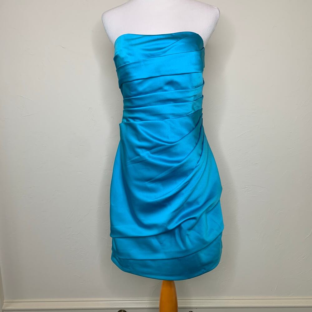 David's Bridal Turquoise Blue Satin Cocktail Dress Ruched Sz 8